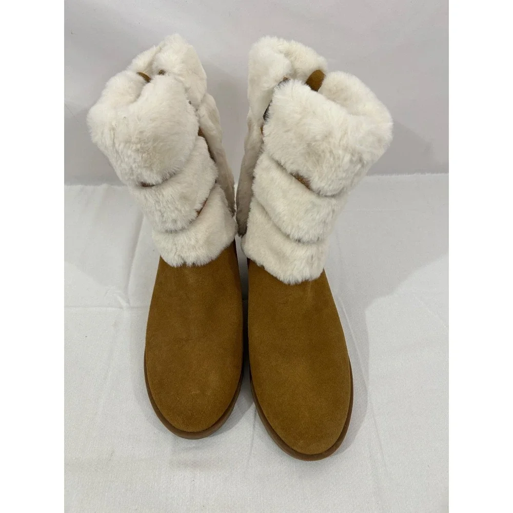 Koolaburra by Ugg Ortholite Tan Wedge Zip Ankle Boot Suede Faux Fur Sz 10M WMN